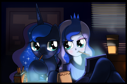 Size: 1630x1080 | Tagged: safe, artist:hoyeechun, princess luna, vice principal luna, human, equestria girls, g4, duality, dvd player, human ponidox, pocky