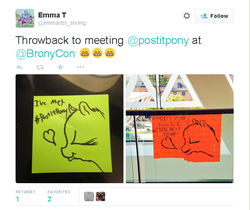 Size: 642x540 | Tagged: safe, artist:postitpony, bronycon, bronycon 2014, photo, sticky note, text, twitter