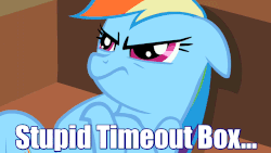 Size: 853x480 | Tagged: safe, screencap, rainbow dash, g4, the mysterious mare do well, angry, animated, crossed hooves, ears back, female, frown, glare, grumpy, image macro, meme, on back, punishment, reaction image, solo, sorry box, time out
