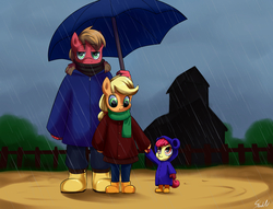 Size: 3400x2600 | Tagged: safe, artist:skecchiart, apple bloom, applejack, big macintosh, earth pony, anthro, plantigrade anthro, g4, adorabloom, apple siblings, boots, clothes, coat, cute, galoshes, high res, holding hands, rain, scarf, size difference, smiling, umbrella