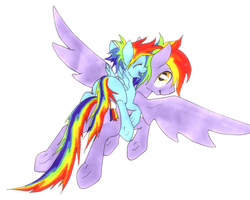 Size: 2097x1674 | Tagged: safe, artist:oddwarg, part of a set, rainbow blaze, rainbow dash, pegasus, pony, g4, duo, female, filly, filly rainbow dash, flying, flying lesson, learning to fly, piggyback ride, ponies riding ponies, rainbow dash riding rainbow blaze, riding, simple background, training, white background, younger