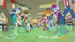 Size: 640x360 | Tagged: safe, edit, edited screencap, screencap, adagio dazzle, apple bloom, aria blaze, blueberry cake, cherry crash, mystery mint, normal norman, rose heart, scootaloo, scott green, snails, snips, sonata dusk, sweetie belle, thunderbass, valhallen, equestria girls, g4, my little pony equestria girls: rainbow rocks, argument, background human, cutie mark crusaders, white and gold or black and blue dress meme