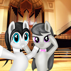 Size: 2136x2136 | Tagged: safe, artist:thepianistmare, octavia melody, oc, oc:klavinova, g4, black hair, classy, high res, irl, musical instrument, organ, photo, pipe organ, ponies in real life, selfie, siblings