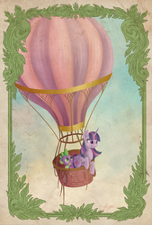 Size: 2352x3477 | Tagged: safe, artist:katyand, spike, twilight sparkle, g4, high res, hot air balloon, vintage