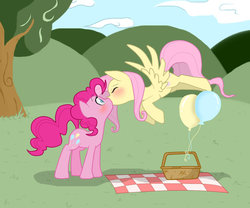 Size: 1024x853 | Tagged: safe, artist:mikathelemur, fluttershy, pinkie pie, earth pony, pegasus, pony, g4, balloon, blushing, duo, female, kiss on the lips, kissing, lesbian, mare, ship:flutterpie, shipping, surprise kiss
