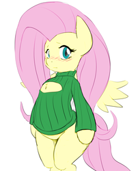 Size: 1943x2400 | Tagged: safe, artist:rinku, artist:vulapa, color edit, edit, fluttershy, pegasus, pony, g4, bipedal, blushing, boob window, chest fluff, clothes, colored, cute, female, keyhole turtleneck, looking at you, open-chest sweater, sketch, solo, sweater, sweatershy, turtleneck, wide hips
