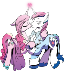 Size: 5000x5529 | Tagged: safe, artist:andy price, artist:irisiter, princess cadance, shining armor, alicorn, pony, unicorn, g4, spoiler:comic, spoiler:comic12, absurd resolution, clothes, dress, duo, eyes closed, female, floppy ears, heart, horn, horns are touching, kiss on the lips, kissing, male, physique difference, ship:shiningcadance, shipping, simple background, slender, straight, thin, transparent background, vector