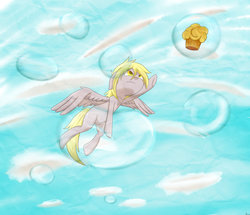 Size: 1280x1103 | Tagged: safe, artist:necro1337, derpy hooves, pegasus, pony, g4, bubble, female, floppy ears, flying, mare, muffin, solo