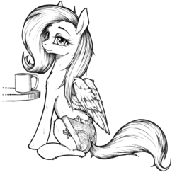 Size: 2000x2000 | Tagged: safe, artist:madhotaru, fluttershy, g4, clothes, coffee, female, high res, monochrome, shorts, solo