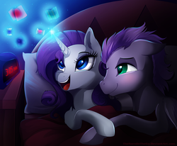 Size: 3000x2476 | Tagged: safe, artist:thenornonthego, rarity, oc, oc:kydose, g4, alarm clock, bed, canon x oc, female, high res, magic, male, night, raridose, straight, thread