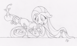 Size: 1000x607 | Tagged: safe, artist:dfectivedvice, fluttershy, pegasus, pikmin, pony, g4, belly button, blue pikmin, bondage, crossover, female, grayscale, mare, monochrome, pikmin (series), red pikmin, rope, this will end in tears, tied up, yellow pikmin