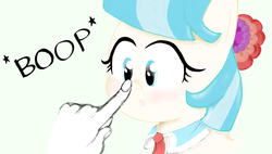 Size: 1130x642 | Tagged: safe, artist:fromamida, coco pommel, pony, g4, :o, blushing, boop, bust, cute, disembodied hand, female, hand, mare, nose wrinkle, offscreen character, simple background, white background, wide eyes