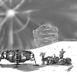 Size: 3000x3000 | Tagged: safe, artist:negativefade, oc, oc only, oc:adamant, high res, lunar module, lunar rover, monochrome, moon, science fiction, space