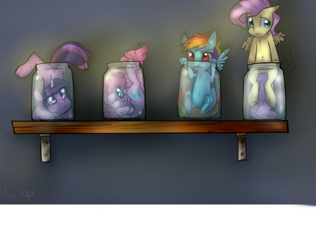 839048 - dead source, safe, artist:rflzqt, fluttershy, pinkie pie, rainbow  dash, twilight sparkle, g4, jar, pony in a bottle - Derpibooru