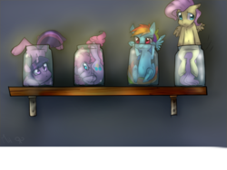 Size: 1024x768 | Tagged: dead source, safe, artist:rflzqt, fluttershy, pinkie pie, rainbow dash, twilight sparkle, g4, jar, pony in a bottle