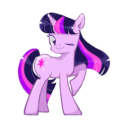 Size: 774x790 | Tagged: safe, artist:nayu, artist:sea contact, twilight sparkle, pony, unicorn, g4, cute, female, mare, one eye closed, pixiv, simple background, solo, twiabetes, unicorn twilight, white background, wink