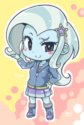 Size: 1315x1953 | Tagged: safe, artist:nazonazopowerfu, trixie, equestria girls, g4, blushing, boots, chibi, clothes, cute, diatrixes, female, hand on hip, hoodie, looking at you, pixiv, shoes, skirt, smiling, solo, stars