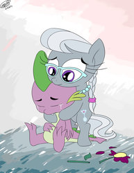 Size: 1024x1325 | Tagged: safe, artist:loreto-arts, silver spoon, spike, dragon, earth pony, pony, g4, bipedal, braided ponytail, comforting, crack shipping, crying, cute, female, flower, glasses, hug, jewelry, male, mare, necklace, ship:silverspike, shipping, spikelove, straight