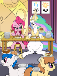 Size: 1260x1680 | Tagged: safe, artist:kyokimute, pinkie pie, princess celestia, g4, abdominal bulge, belly, belly button, big belly, cake, cakelestia, cheek bulge, eating, eating contest, food, food baby, looking at each other, looking at someone, magic, plate, sitting, stuffed, stuffed belly, stuffing, telekinesis, this will end in weight gain