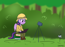 Size: 1000x732 | Tagged: safe, artist:empyu, twilight sparkle, breezie, anthro, g4, 30 minute art challenge, book, camera, computer, hat, laptop computer, pith helmet, sitting, smiling, twilight sparkle (alicorn)