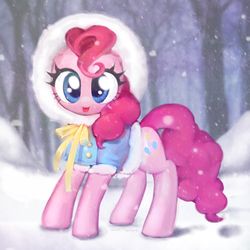 Size: 666x666 | Tagged: safe, artist:uher0, pinkie pie, g4, :p, clothes, coat, cute, diapinkes, female, jacket, looking at you, smiling, snow, snowfall, solo, tongue out, winter