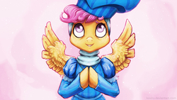 Size: 2089x1175 | Tagged: safe, artist:koviry, scootaloo, for whom the sweetie belle toils, g4, blue, classy, clothes, costume, cute, dress, female, hat, modest, scene interpretation, solo, spread wings