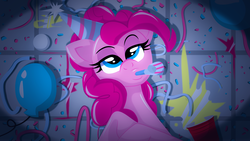 Size: 1920x1080 | Tagged: safe, artist:ostichristian, pinkie pie, g4, balloon, female, hat, party hat, party horn, solo, wallpaper