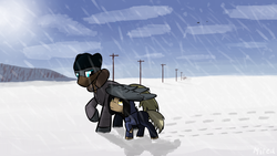 Size: 1280x720 | Tagged: safe, artist:mired, oc, oc only, pegasus, pony, clothes, foal, hat, hood, scarf, smiling, snow, snowfall, wings, winter