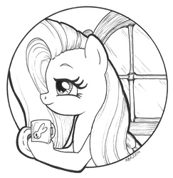 Size: 973x1000 | Tagged: safe, artist:abronyaccount, fluttershy, g4, female, lineart, monochrome, mug, solo