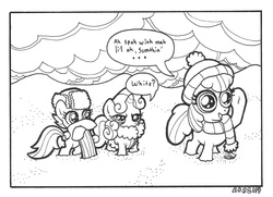 Size: 1382x1000 | Tagged: safe, artist:abronyaccount, apple bloom, scootaloo, sweetie belle, g4, cutie mark crusaders, lineart, monochrome, winter