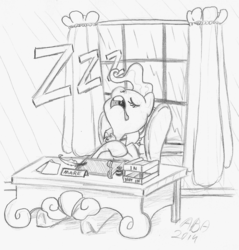 Size: 889x929 | Tagged: safe, artist:abronyaccount, mayor mare, g4, desk, drool, female, lineart, monochrome, office, sleeping, snoring, solo