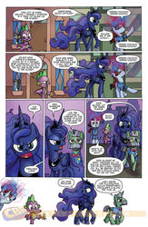 Size: 900x1384 | Tagged: safe, idw, officer by the book, princess luna, ride along, spike, g4, spoiler:comic, spoiler:comicff14, :|, annoyed, boop, frown, idw advertisement, moustache, open mouth, police academy, preview, raised hoof, unamused