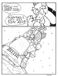 Size: 759x1000 | Tagged: safe, artist:abronyaccount, discord, screwball, draconequus, robot, g4, comic, lineart, mega maid, monochrome, mouth hold, parody, spaceballs the tag, vacuum cleaner