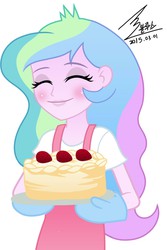 Size: 900x1349 | Tagged: safe, artist:bluse, princess celestia, principal celestia, equestria girls, g4, apron, background removed, blushing, cake, clothes, cute, female, momlestia, show accurate, signature, simple background, solo, white background, younger
