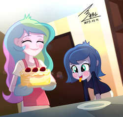 Size: 3402x3238 | Tagged: safe, artist:bluse, princess celestia, princess luna, principal celestia, vice principal luna, equestria girls, g4, blushing, cake, cakeluna, cute, cutelestia, eyes closed, female, happy, high res, lunabetes, momlestia, needs more jpeg, open mouth, show accurate, signature, smiling, sweet dreams fuel, tongue out, want, weapons-grade cute, woona, younger