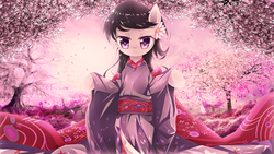 Size: 1920x1080 | Tagged: safe, artist:cyanaeolin, artist:vipeydashie, octavia melody, earth pony, pony, g4, cherry blossoms, cherry tree, clothes, cottagecore, female, flower, flower blossom, flower in hair, kimono (clothing), looking at you, mare, solo, tree, wallpaper