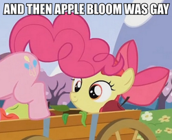 Size: 798x650 | Tagged: safe, edit, edited screencap, screencap, apple bloom, pinkie pie, earth pony, pony, g4, caption, eyes on the prize, female, filly, image macro, lesbian, looking at butt, mare, meme, out of context