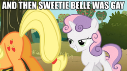 Size: 981x550 | Tagged: safe, edit, edited screencap, screencap, applejack, sweetie belle, earth pony, pony, unicorn, g4, the show stoppers, butt, caption, female, filly, image macro, lesbian, mare, meme, out of context, plot
