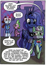 Size: 349x491 | Tagged: safe, edit, idw, officer by the book, princess luna, ride along, spike, friends forever #14, g4, my little pony: friends forever, spoiler:comic, boop, comic, cropped, frown, idw advertisement, larvell jones, moustache, open mouth, police academy, preview