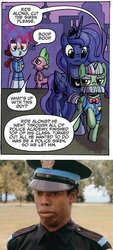 Size: 568x1258 | Tagged: safe, edit, idw, officer by the book, princess luna, ride along, spike, friends forever #14, g4, my little pony: friends forever, spoiler:comic, comic, comparison, cropped, idw advertisement, larvell jones, michael winslow, police academy, preview