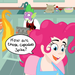 Size: 900x900 | Tagged: safe, artist:tralalayla, pinkie pie, spike, human, anthro, g4, cooking, fire, humanized, kitchen