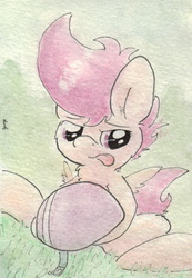 Size: 679x980 | Tagged: safe, artist:slightlyshade, scootaloo, g4, female, helmet, solo, tongue out, traditional art