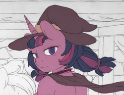 Size: 500x383 | Tagged: safe, artist:lonelycross, twilight sparkle, g4, cape, clothes, fan art for pony academy, hat, looking at you, looking back, sketch, wip