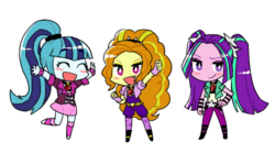 Size: 512x284 | Tagged: safe, artist:baekgup, adagio dazzle, aria blaze, sonata dusk, equestria girls, g4, my little pony equestria girls: rainbow rocks, chibi, cute, eyes closed, fangs, looking at you, open mouth, simple background, smiling, smirk, the dazzlings, transparent background