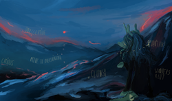 Size: 1280x754 | Tagged: dead source, safe, artist:wisewatcher, oc, oc only, oc:outsight, mountain, scenery, solo, text
