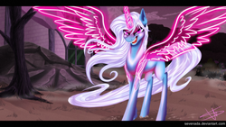 Size: 1920x1080 | Tagged: safe, artist:sevenada, trixie, pony, g4, artificial wings, augmented, female, grin, magic, magic wings, solo, wings