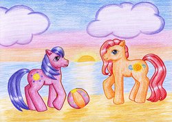 Size: 1024x724 | Tagged: safe, artist:normaleeinsane, sand dollar (g3), seascape (g3), earth pony, pony, g3, ball, beach, beach ball, cloud, duo, duo female, female, mare, ocean, outdoors, sand, sunset, tail, traditional art, water