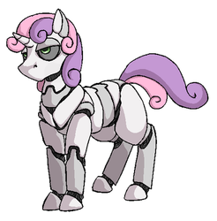 Size: 400x407 | Tagged: safe, artist:redxbacon, sweetie belle, pony, robot, robot pony, unicorn, friendship is witchcraft, g4, blank flank, deadpan expression, female, hooves, horn, mare, simple background, solo, sweetie bot, white background