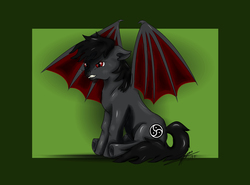 Size: 6900x5100 | Tagged: safe, artist:littlewolfstudios, oc, oc only, oc:qetesh, bat pony, pony, absurd resolution, angry, fangs, growling, grumpy, sitting, triskelion, underhoof