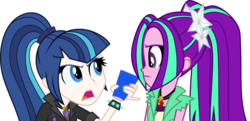 Size: 827x400 | Tagged: safe, artist:alkonium, artist:mit-boy, aria blaze, shining armor, sonata dusk, equestria girls, g4, argument, clothes swap, cup, gleaming shield, palette swap, recolor, rule 63, shining sonata